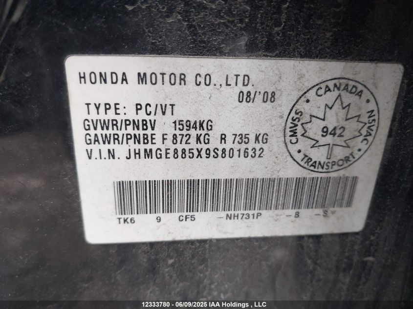 2009 Honda Fit Lx VIN: JHMGE885X9S801632 Lot: 12333780