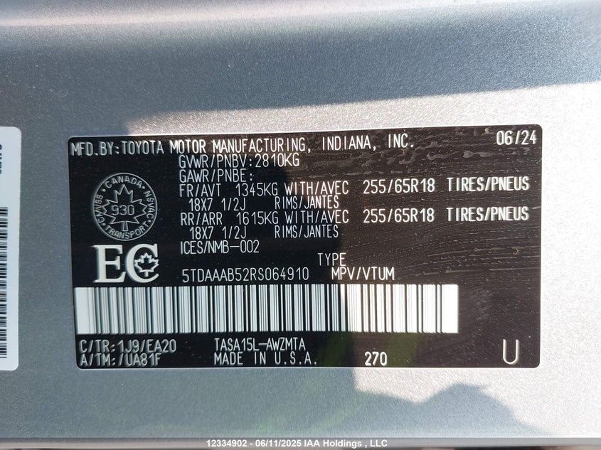 5TDAAAB52RS064910 2024 TOYOTA HIGHLANDER photo no. 9