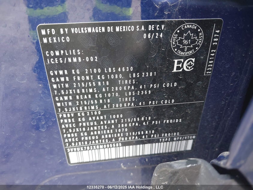 2024 Volkswagen Taos Se VIN: 3VVUX7B2XRM095585 Lot: 12335270