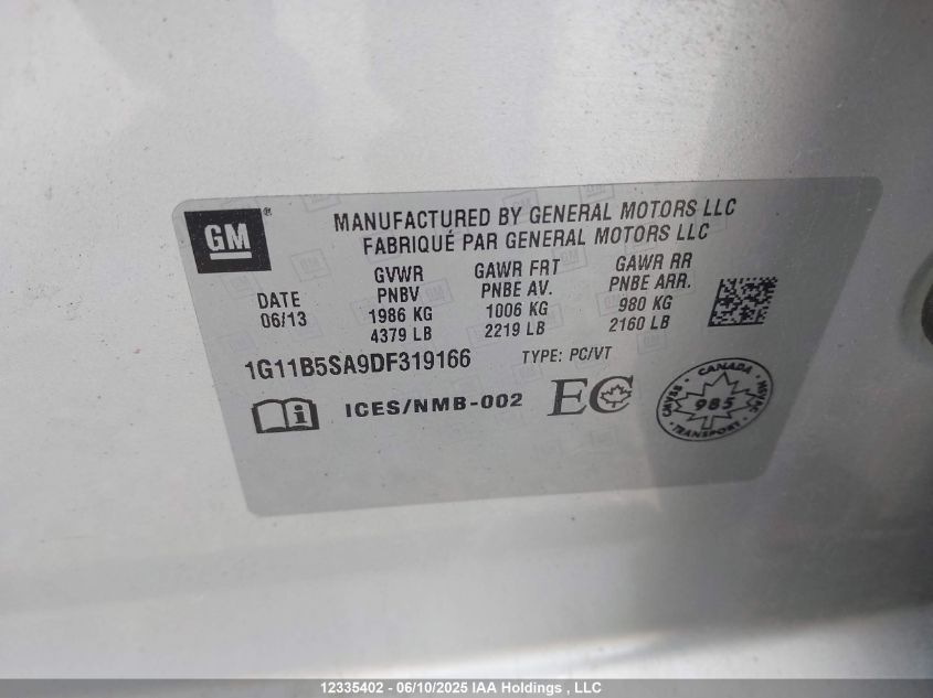 2013 Chevrolet Malibu Ls VIN: 1G11B5SA9DF319166 Lot: 12335402