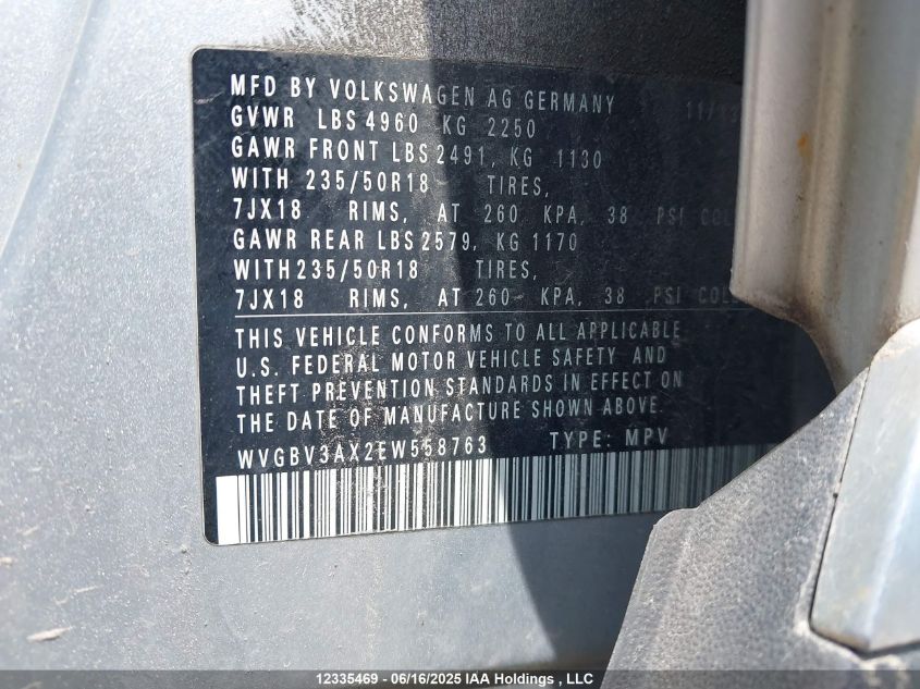2014 Volkswagen Tiguan Sel VIN: WVGBV3AX2EW558763 Lot: 12335469