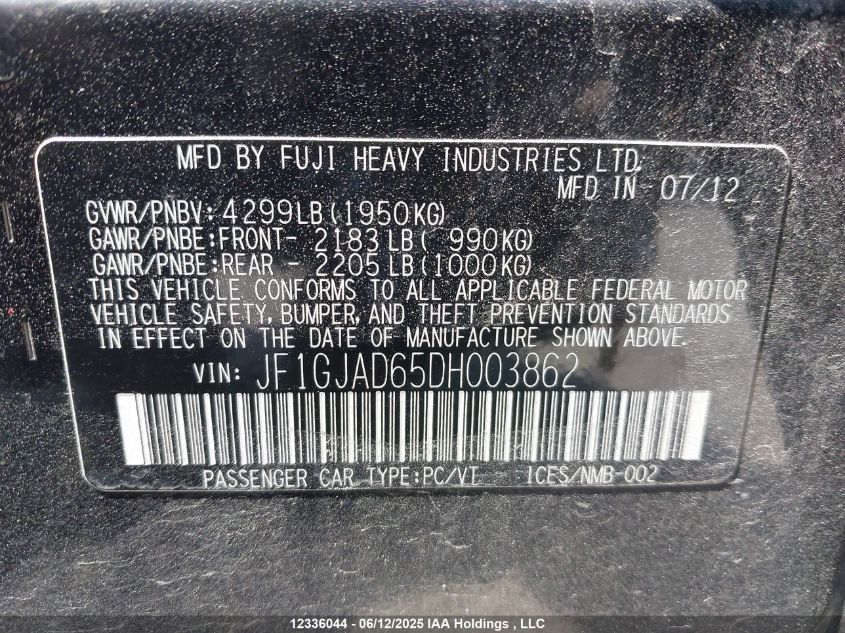 2013 Subaru Impreza VIN: JF1GJAD65DH003862 Lot: 12336044