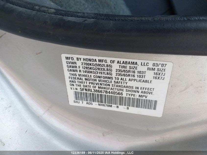 2007 Honda Odyssey Exl VIN: 5FNRL38667B440566 Lot: 12336189