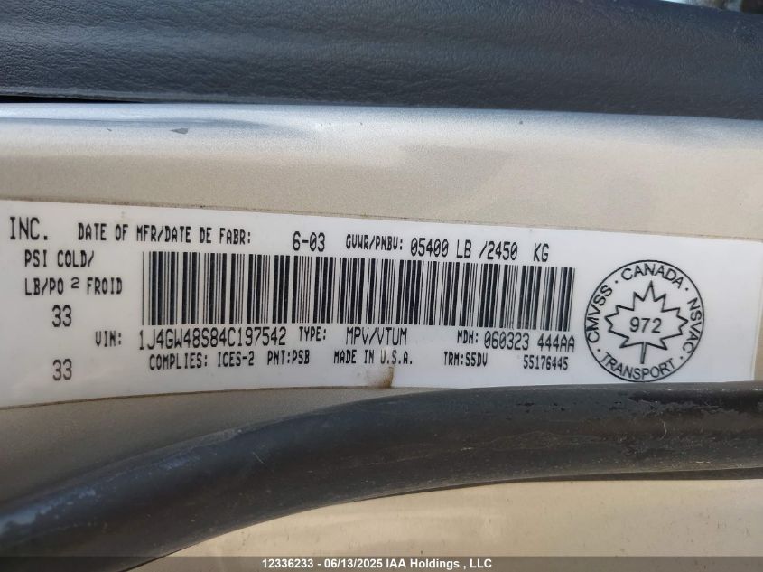 2004 Jeep Grand Cherokee Laredo VIN: 1J4GW48S84C197542 Lot: 12336233