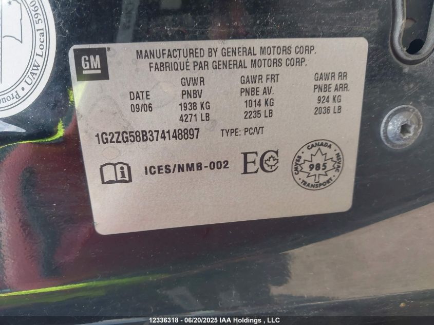 2007 Pontiac G6 Se VIN: 1G2ZG58B374148897 Lot: 12336318