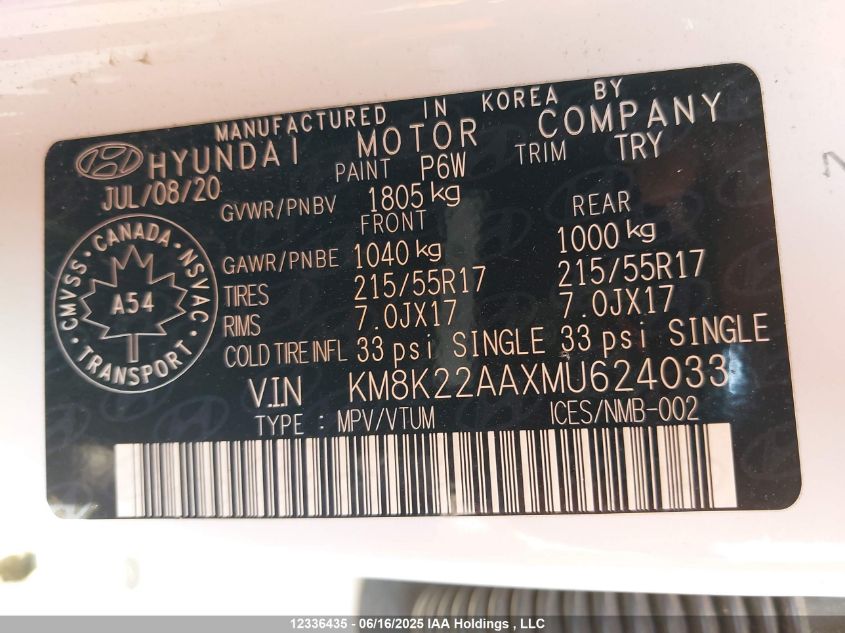 2021 Hyundai Kona VIN: KM8K22AAXMU624033 Lot: 12336435