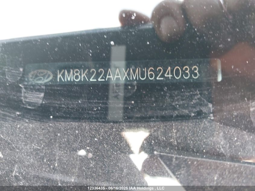 2021 Hyundai Kona VIN: KM8K22AAXMU624033 Lot: 12336435