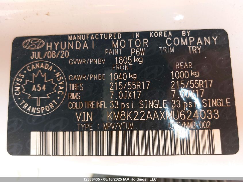 2021 Hyundai Kona VIN: KM8K22AAXMU624033 Lot: 12336435