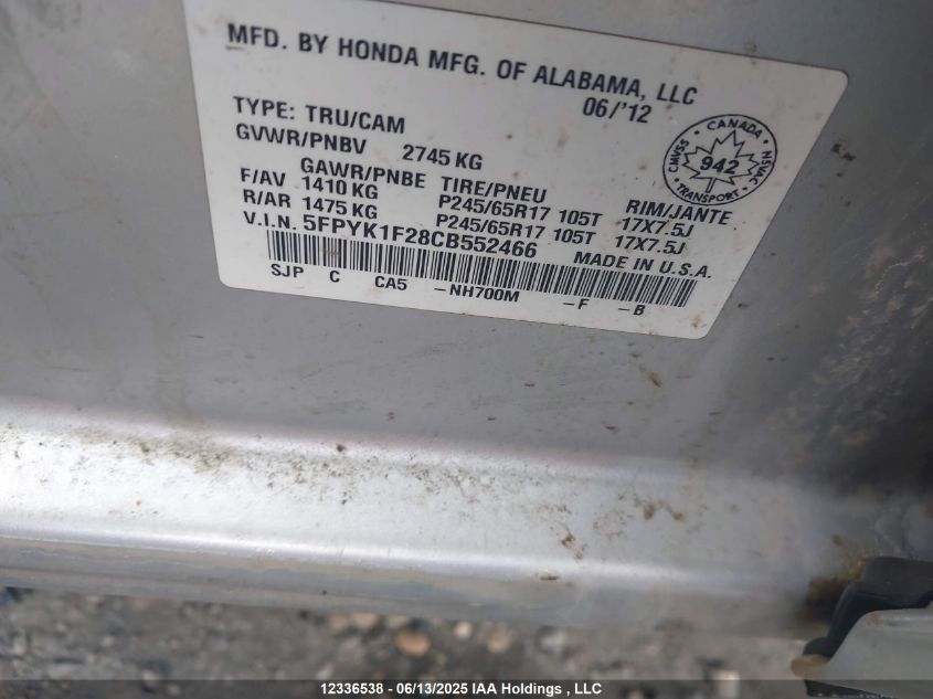 2012 Honda Ridgeline Dx VIN: 5FPYK1F28CB552466 Lot: 12336538