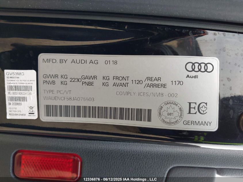 2018 Audi A5 Premium Plus S-Line VIN: WAUENCF58JA075503 Lot: 12336876