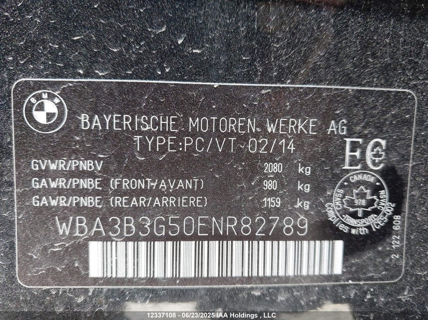 2014 BMW 328I xDrive VIN: WBA3B3G50ENR82789 Lot: 12337108