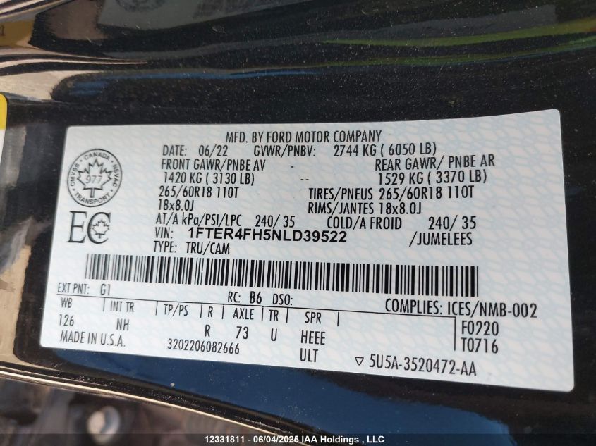 2022 Ford Ranger Lariat VIN: 1FTER4FH5NLD39522 Lot: 12331811X