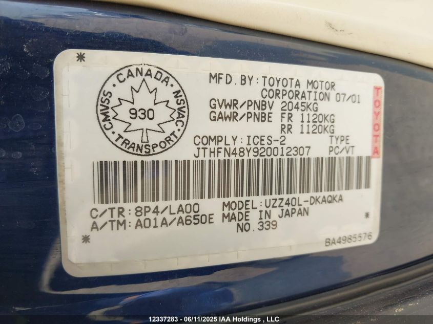 2002 Lexus Sc 430 VIN: JTHFN48Y920012307 Lot: 12337283