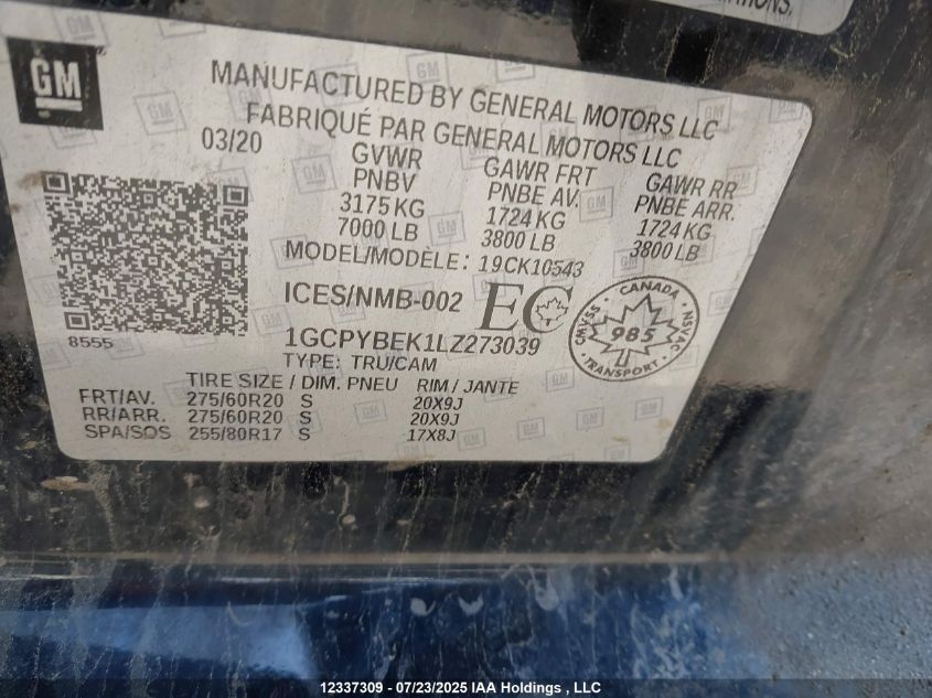 2020 Chevrolet Silverado K1500 Custom VIN: 1GCPYBEK1LZ273039 Lot: 12337309