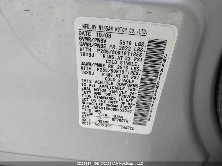 2009 Infiniti Fx35 VIN: JNRAS18W69M155736 Lot: 12337637