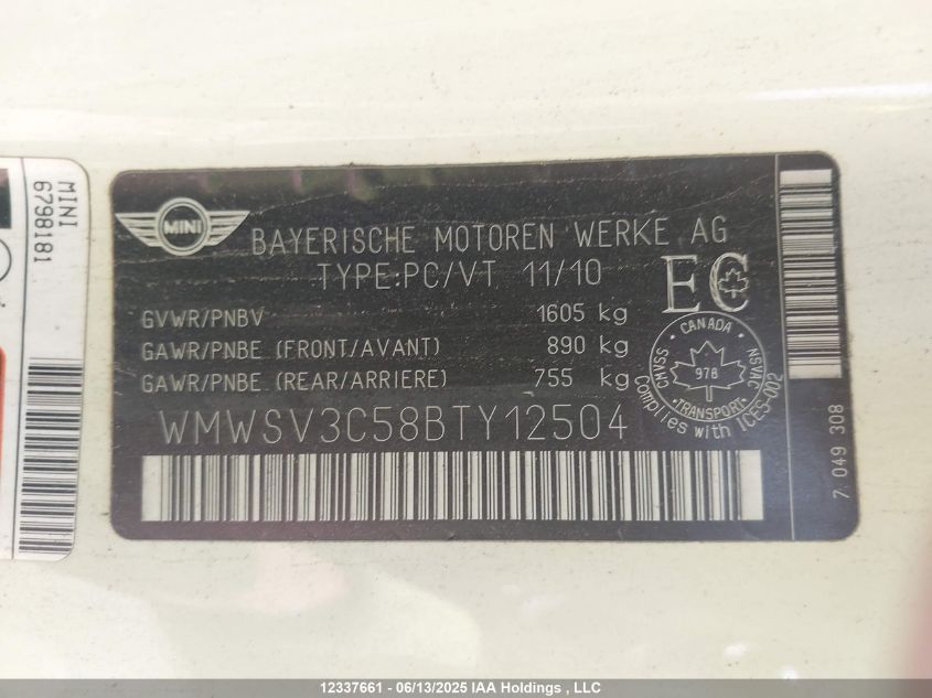 2011 Mini Cooper S VIN: WMWSV3C58BTY12504 Lot: 12337661
