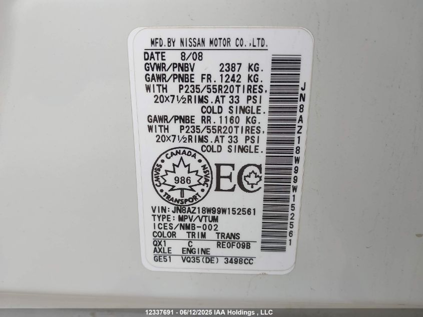 2009 Nissan Murano S/Sl/Le VIN: JN8AZ18W99W152561 Lot: 12337691