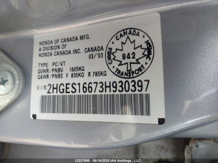 2003 Honda Civic Lx VIN: 2HGES16673H930397 Lot: 12337698