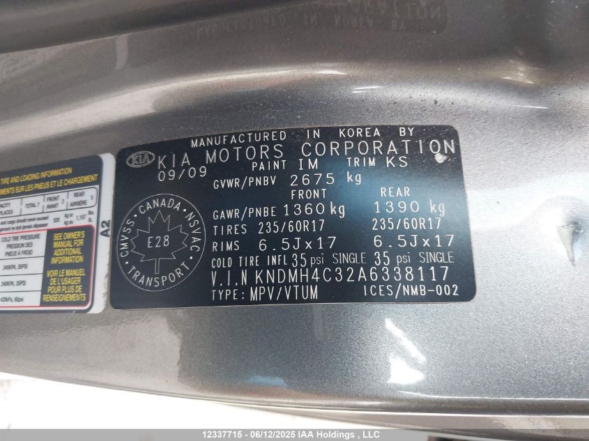 2010 Kia Sedona Ex VIN: KNDMH4C32A6338117 Lot: 12337715