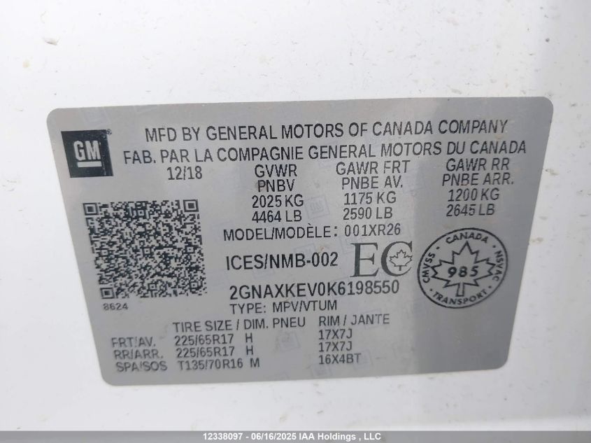 2019 Chevrolet Equinox Lt VIN: 2GNAXKEV0K6198550 Lot: 12338097