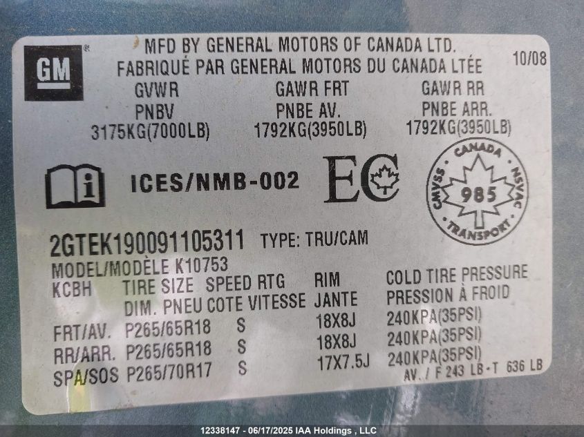 2009 GMC Sierra K1500 VIN: 2GTEK190091105311 Lot: 12338147