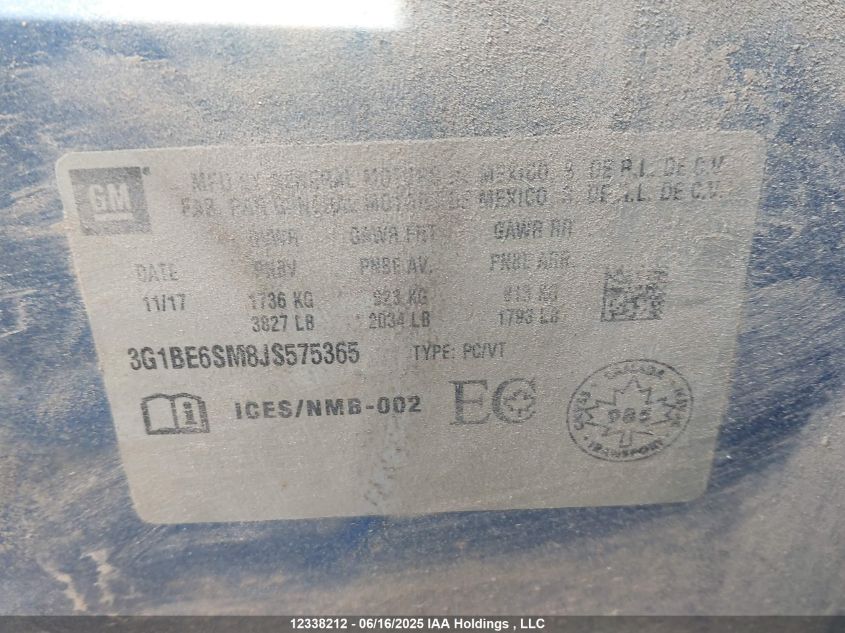 2018 Chevrolet Cruze Lt VIN: 3G1BE6SM8JS575365 Lot: 12338212