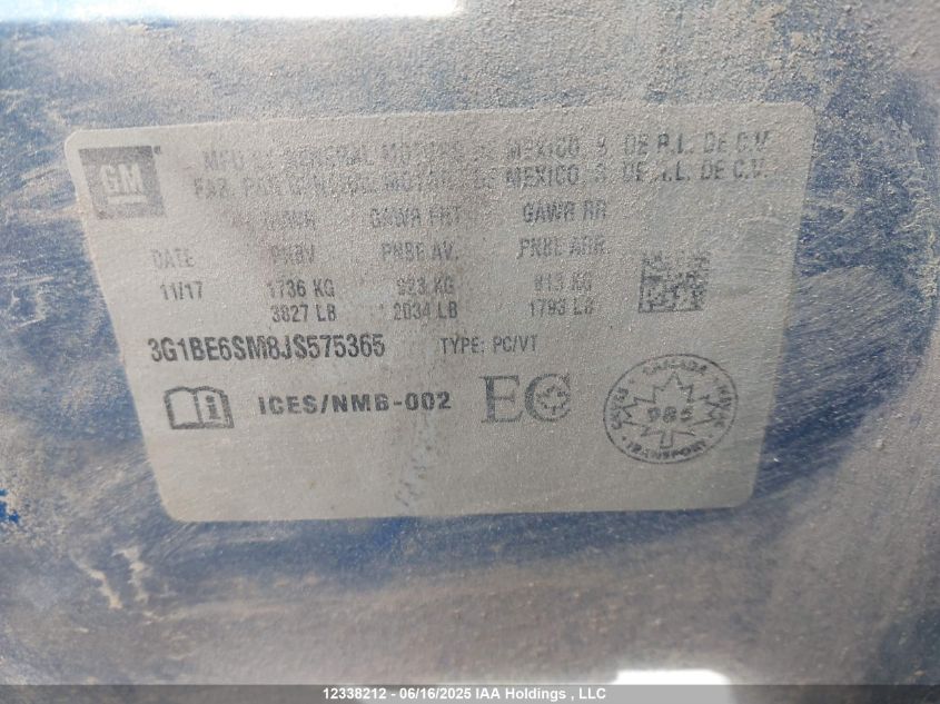 2018 Chevrolet Cruze Lt VIN: 3G1BE6SM8JS575365 Lot: 12338212