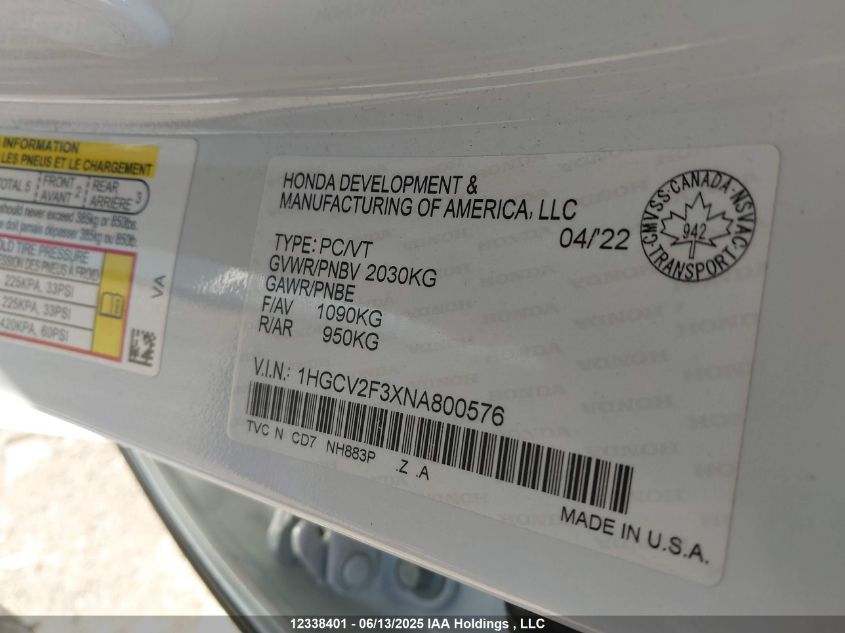 2022 Honda Accord Sport 2.0T VIN: 1HGCV2F3XNA800576 Lot: 12338401