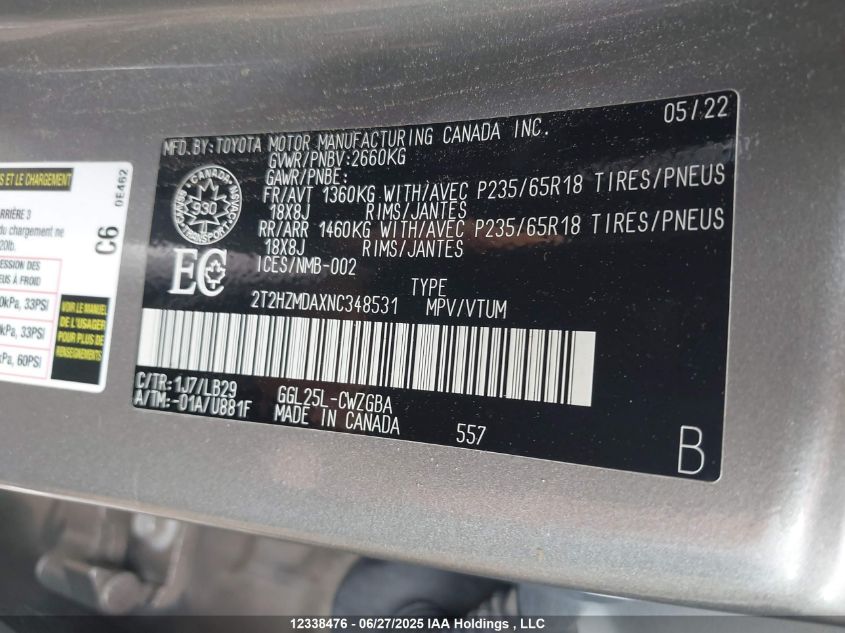 2022 Lexus Rx 350 VIN: 2T2HZMDAXNC348531 Lot: 12338476