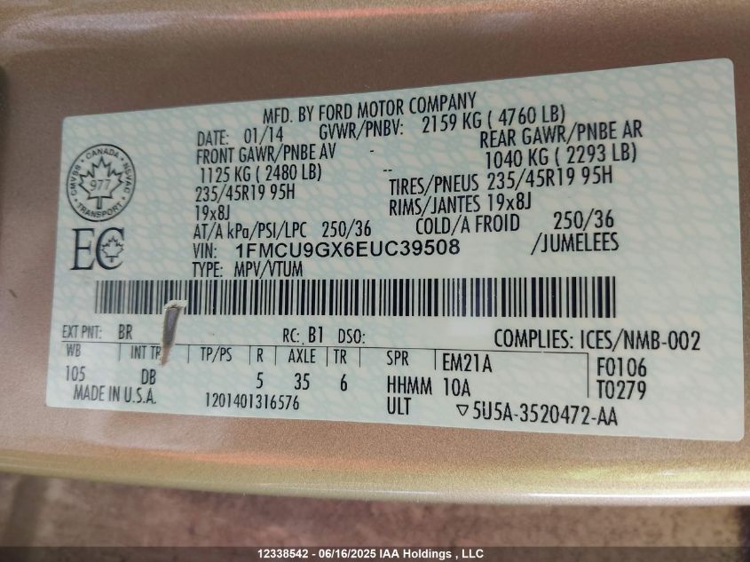 2014 Ford Escape Se VIN: 1FMCU9GX6EUC39508 Lot: 12338542