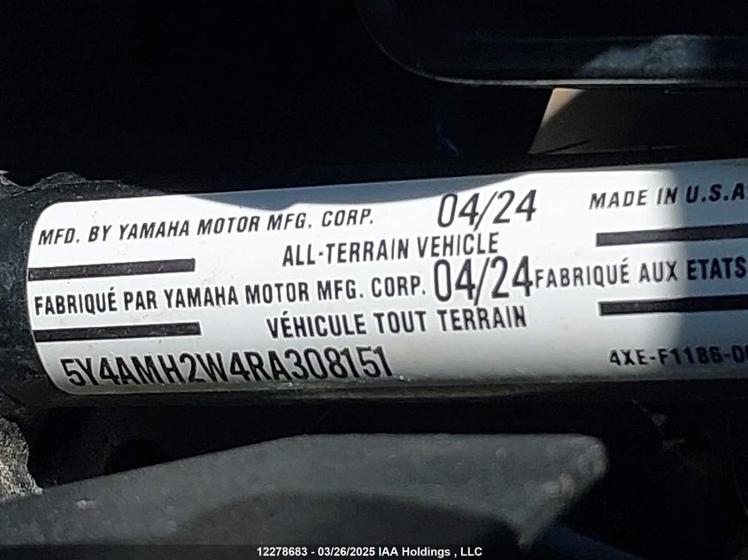 2024 Yamaha Yfm700 VIN: 5Y4AMH2W4RA308151 Lot: 12278683X