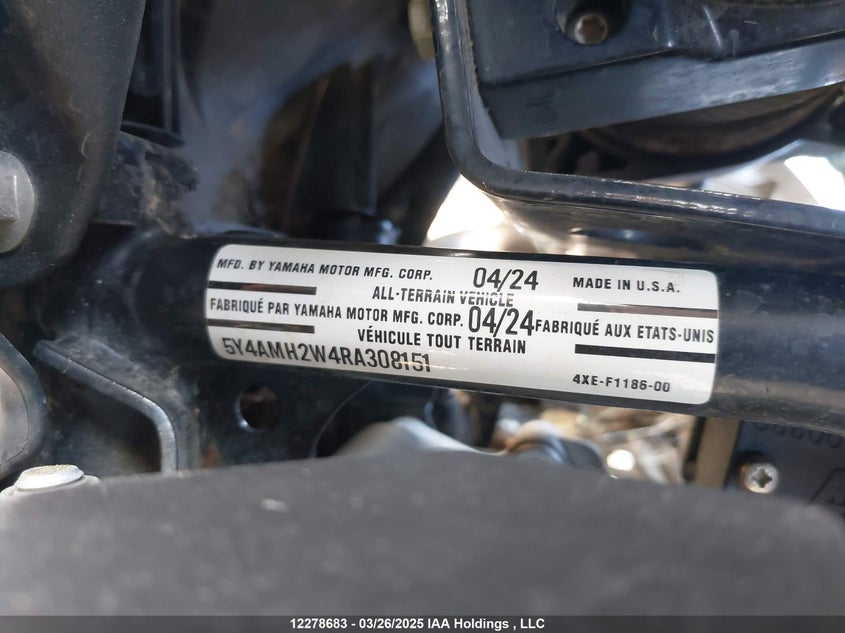 2024 Yamaha Yfm700 VIN: 5Y4AMH2W4RA308151 Lot: 12278683X