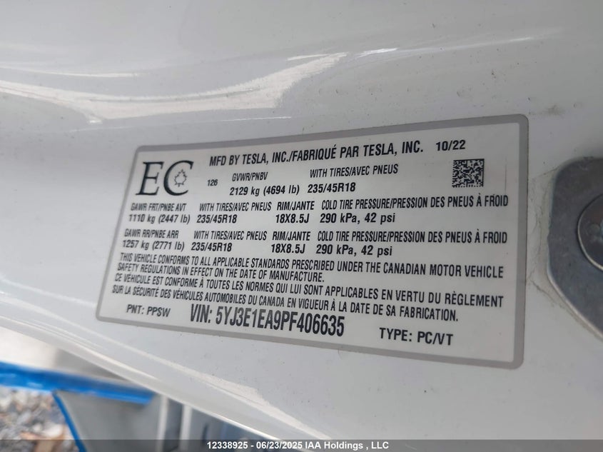 5YJ3E1EA9PF406635 2023 TESLA MODEL 3 photo no. 9