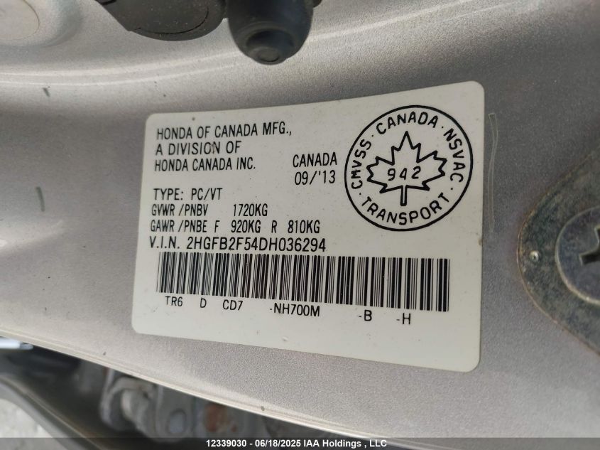 2013 Honda Civic Ex 4Dr VIN: 2HGFB2F54DH036294 Lot: 12339030