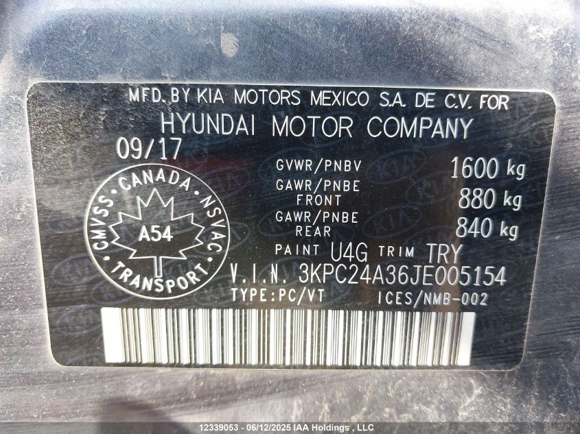 2018 Hyundai Accent Gl VIN: 3KPC24A36JE005154 Lot: 12339053