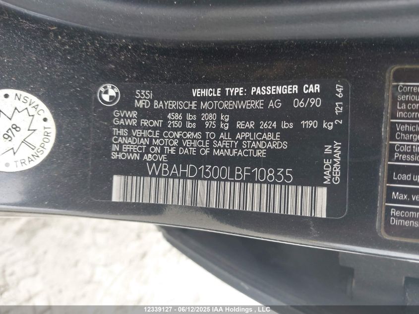 1990 BMW 535 I VIN: WBAHD1300LBF10835 Lot: 12339127