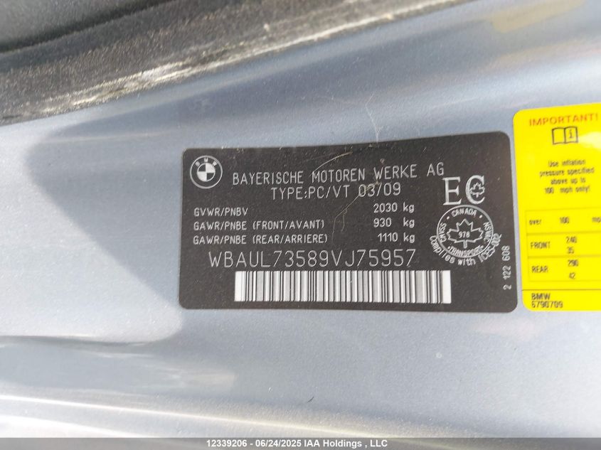 2009 BMW 1 Series VIN: WBAUL73589VJ75957 Lot: 12339206