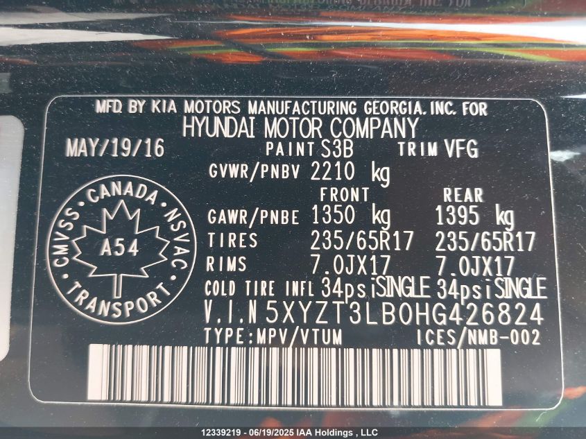 2017 Hyundai Santa Fe Sport VIN: 5XYZT3LB0HG426824 Lot: 12339219