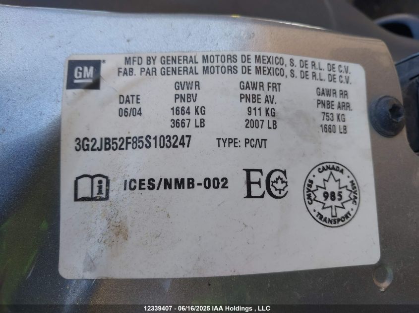 2005 Pontiac Sunfire Sl/Slx VIN: 3G2JB52F85S103247 Lot: 12339407