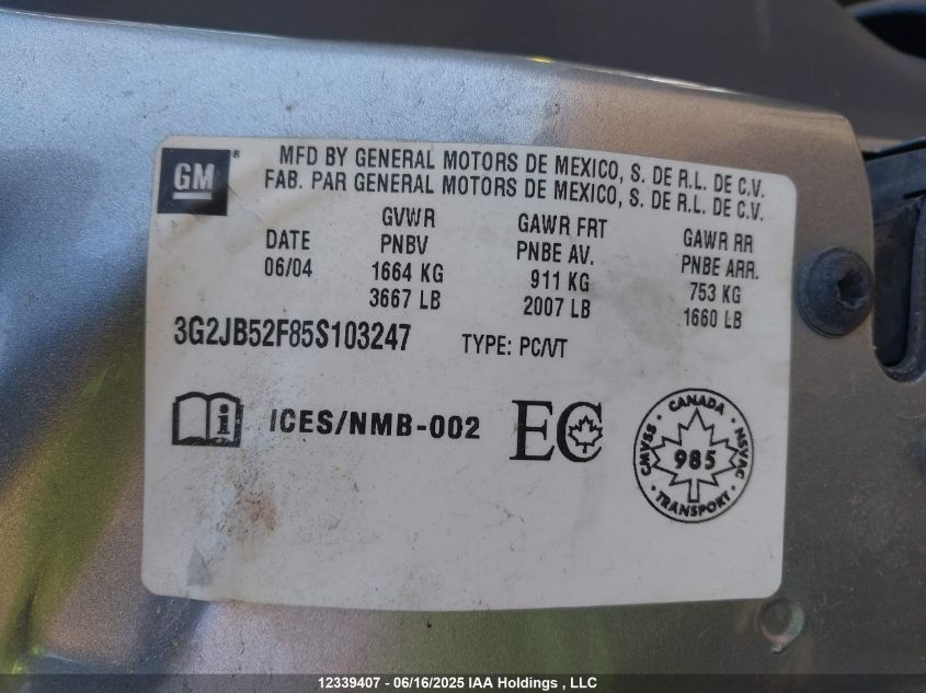 2005 Pontiac Sunfire Sl/Slx VIN: 3G2JB52F85S103247 Lot: 12339407