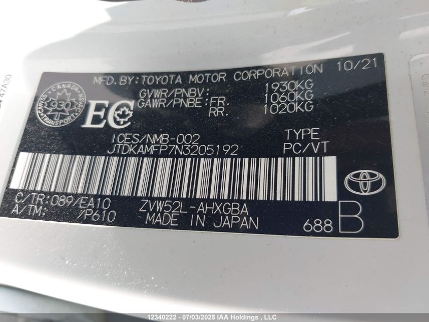 2022 Toyota Prius Prime Upgrade VIN: JTDKAMFP7N3205192 Lot: 12340222