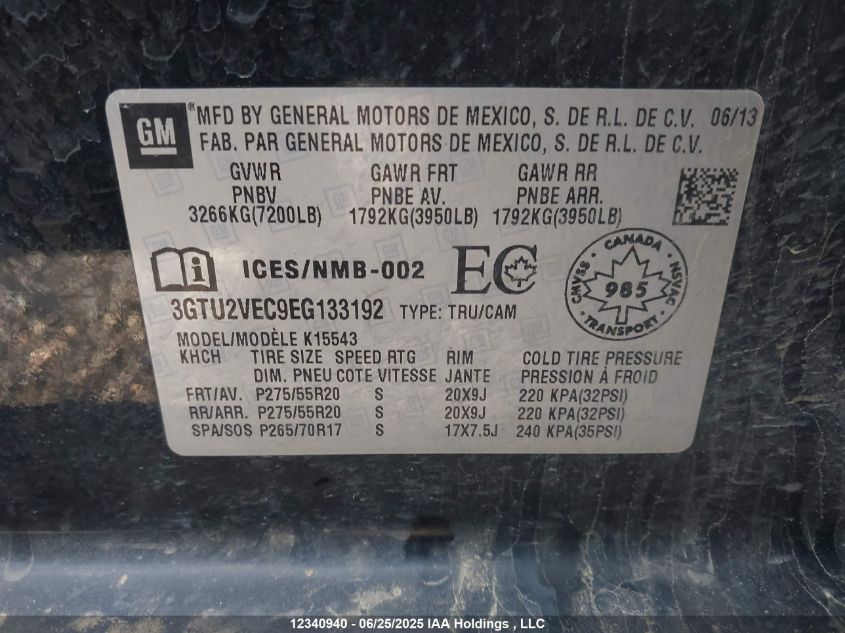 2014 GMC Sierra K1500 Slt VIN: 3GTU2VEC9EG133192 Lot: 12340940