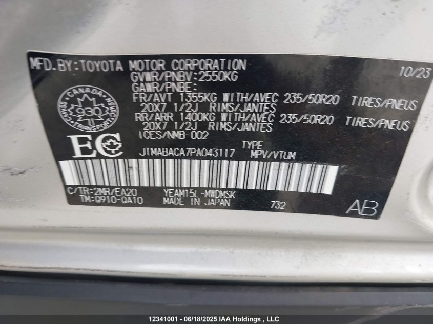 2023 Toyota Bz4X Xle/Limited VIN: JTMABACA7PA043117 Lot: 12341001