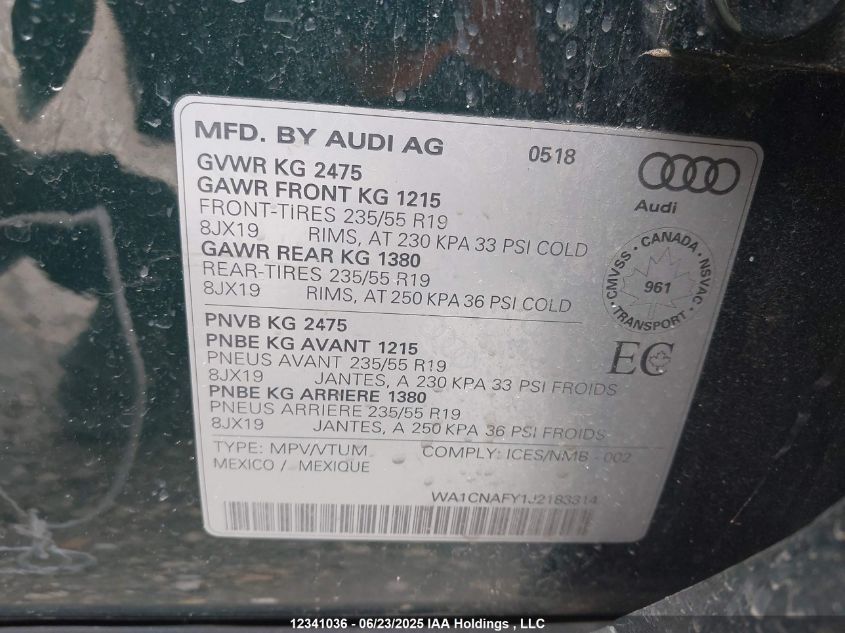 2018 Audi Q5 Prestige VIN: WA1CNAFY1J2183314 Lot: 12341036