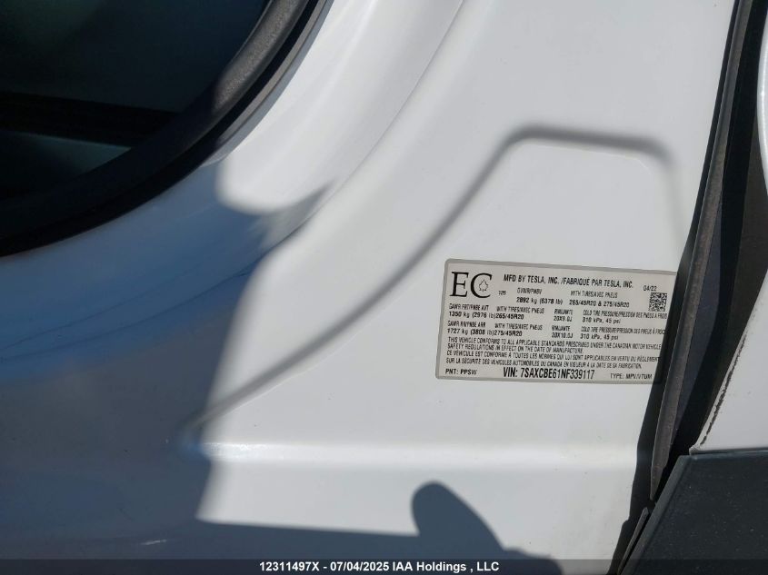 2022 Tesla Model X Plaid VIN: 7SAXCBE61NF339117 Lot: 12311497X