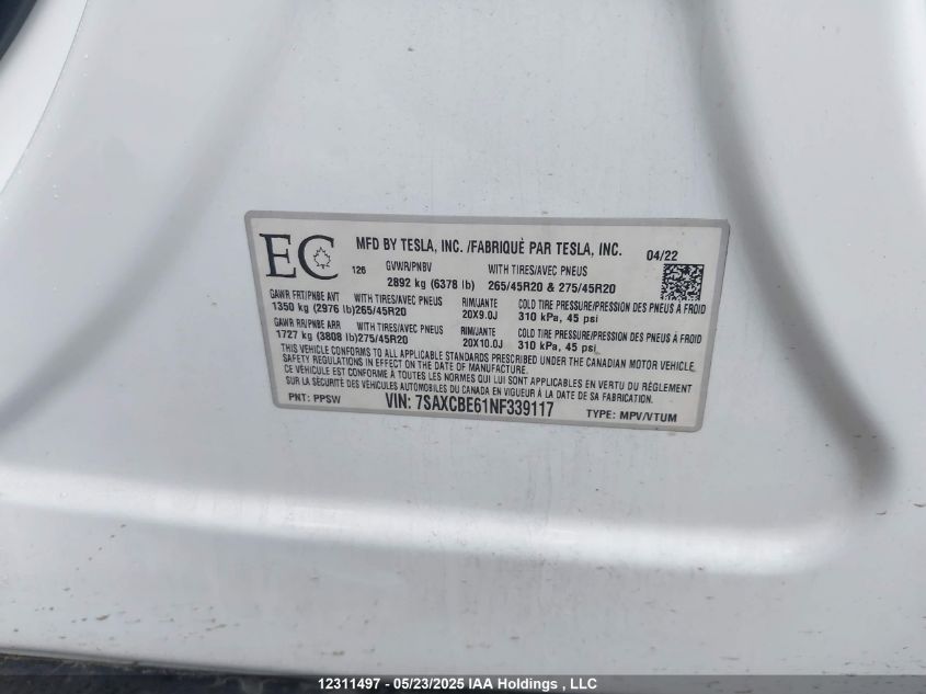 2022 Tesla Model X Plaid VIN: 7SAXCBE61NF339117 Lot: 12311497X