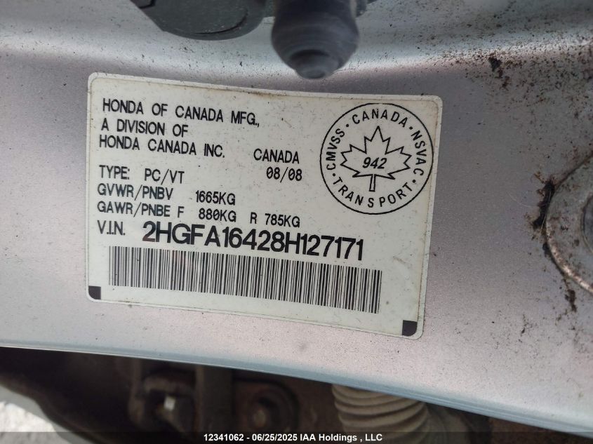 2008 Honda Civic Dx-G VIN: 2HGFA16428H127171 Lot: 12341062
