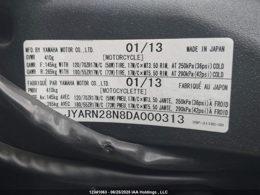 2013 Yamaha Fz8 S VIN: JYARN28N8DA000313 Lot: 12341063