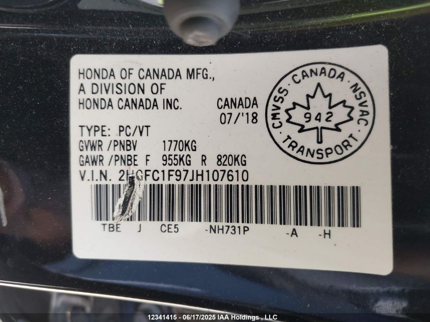 2018 Honda Civic Touring VIN: 2HGFC1F97JH107610 Lot: 12341415