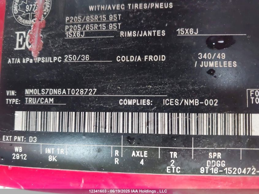 2010 Ford Transit Connect Xlt VIN: NM0LS7DN6AT028727 Lot: 12341603